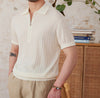 Linen Blend Lapel Zipper Sunken Stripe Short Sleeve